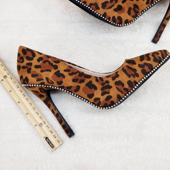 Brand New Leopard Print Stud Trim Pointy Toe High Heel Pumps - Picture 5 of 12